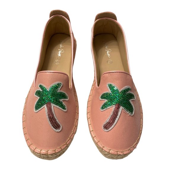 NIB Charlie Paige Pink Sequin Palm Tree Espadrille Size 7 - Picture 1 of 8